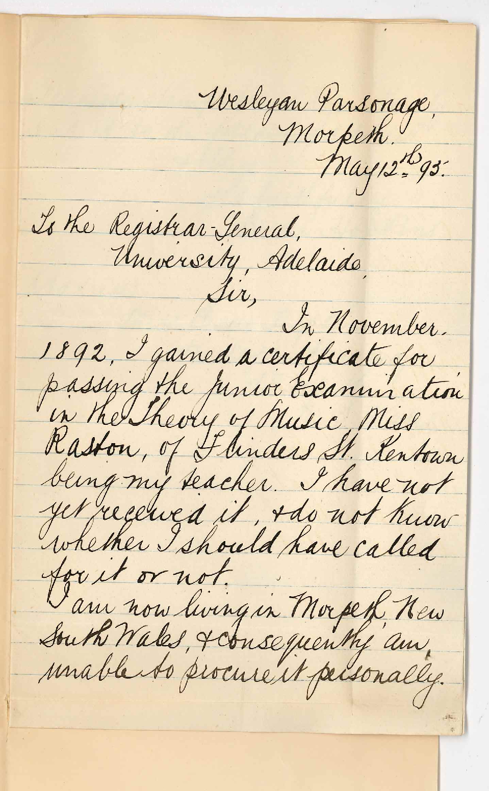Bessie Hopkins - Morpeth NSW - Asking for certificate of passing Junior Theory Music 1892