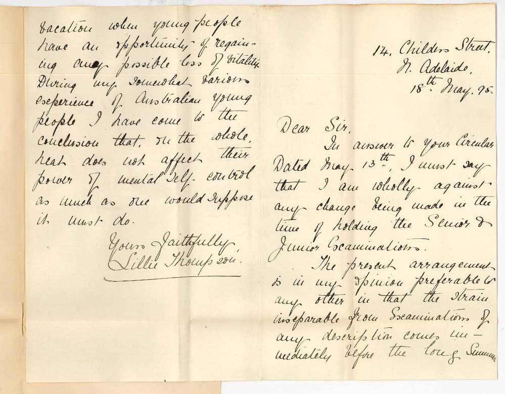 Lillie Thompson - Childers Street North Adelaide - Altering time of Junior and Senior Public Exams