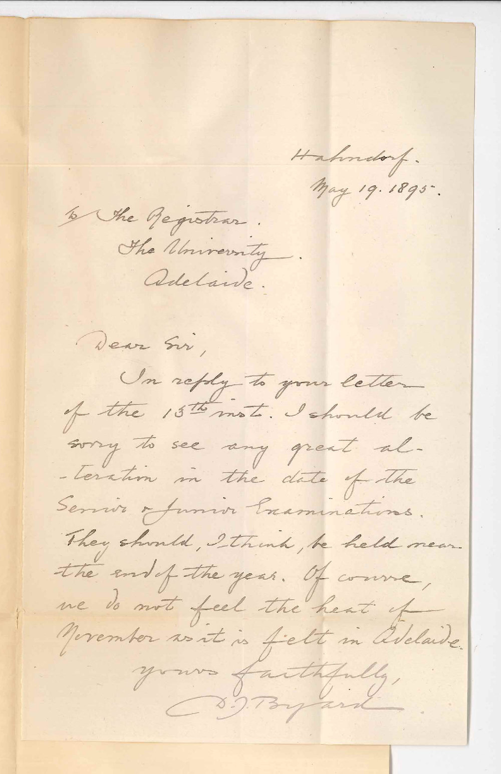 Douglas John Byard - Hahndorf College - Proposed change in time of Junior and Senior Exams