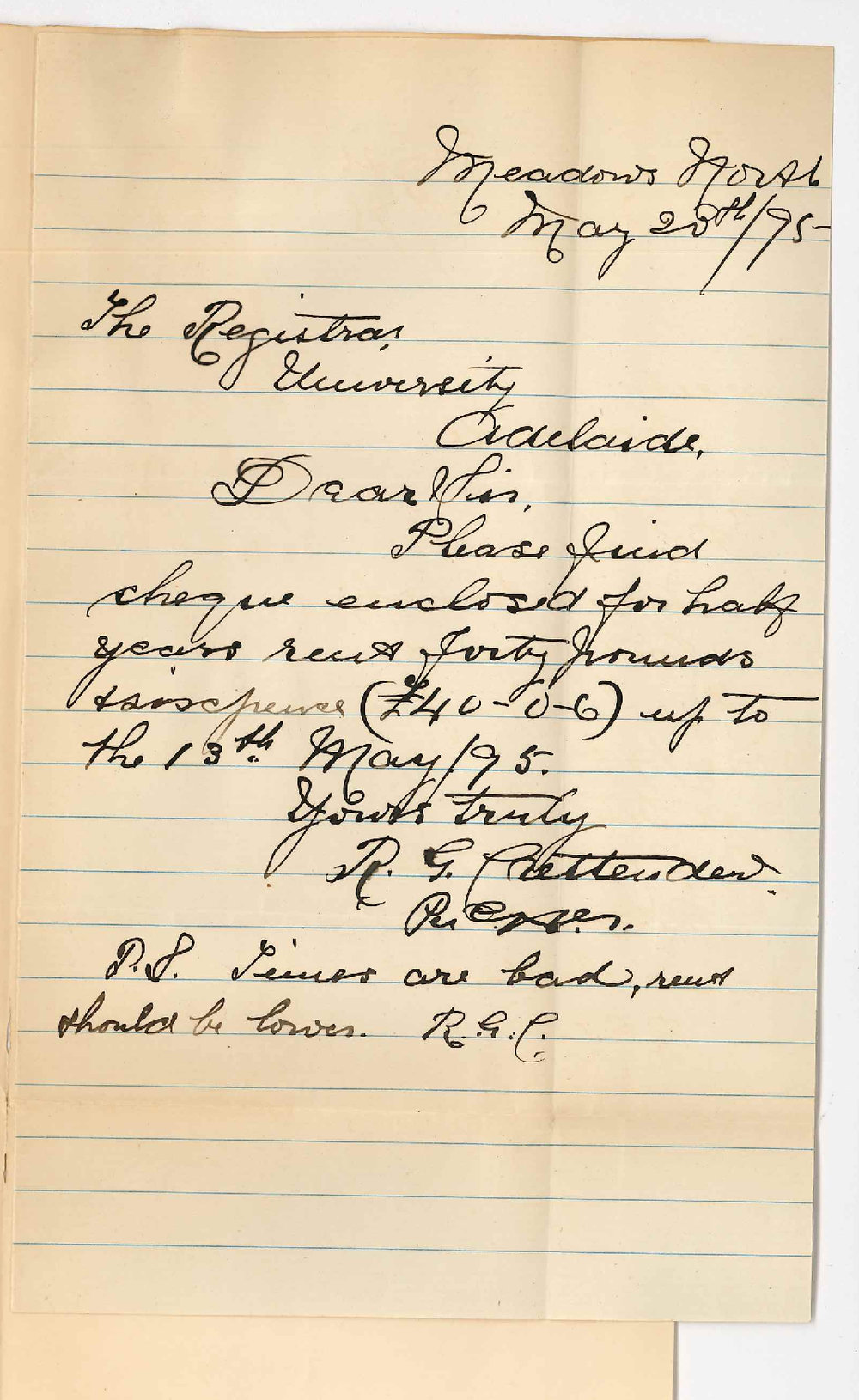 Robert George Crettenden - Meadows North - Herewith rent due 13-5-1895