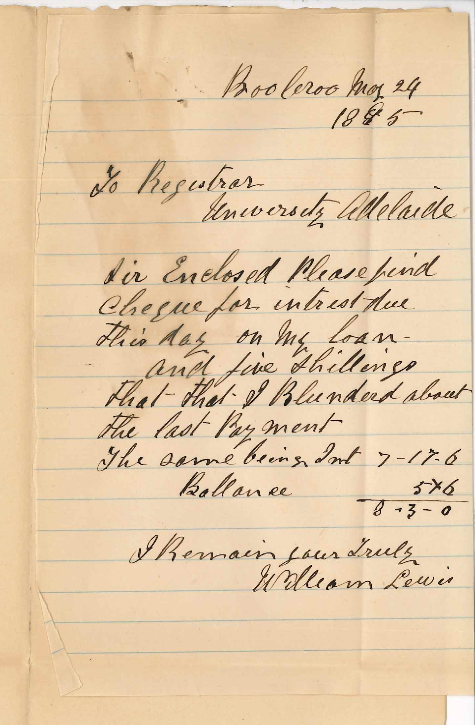 William Lewis - Booleroo Centre - Herewith interest due 24-5-1895