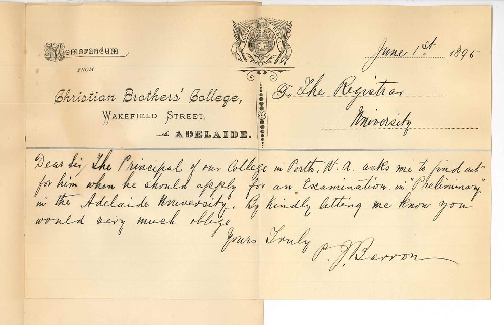 Reverend P J Barron - Christian Brothers College Wakefield Street Adelaide - Re Preliminary Exam in Perth WA