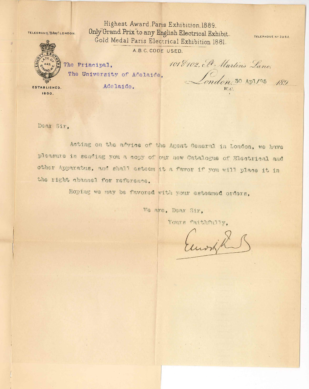 Elliott Brothers - St Martins Lane London WC - Herewith catalogue of Electrical apparatus etc