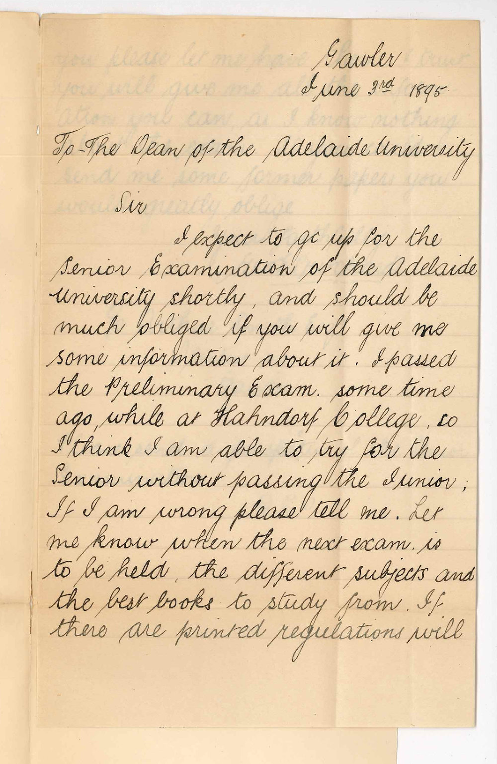 George E Pritchard - c/o A Smith Dentist Gawler - Asking for information re Senior Public Exam