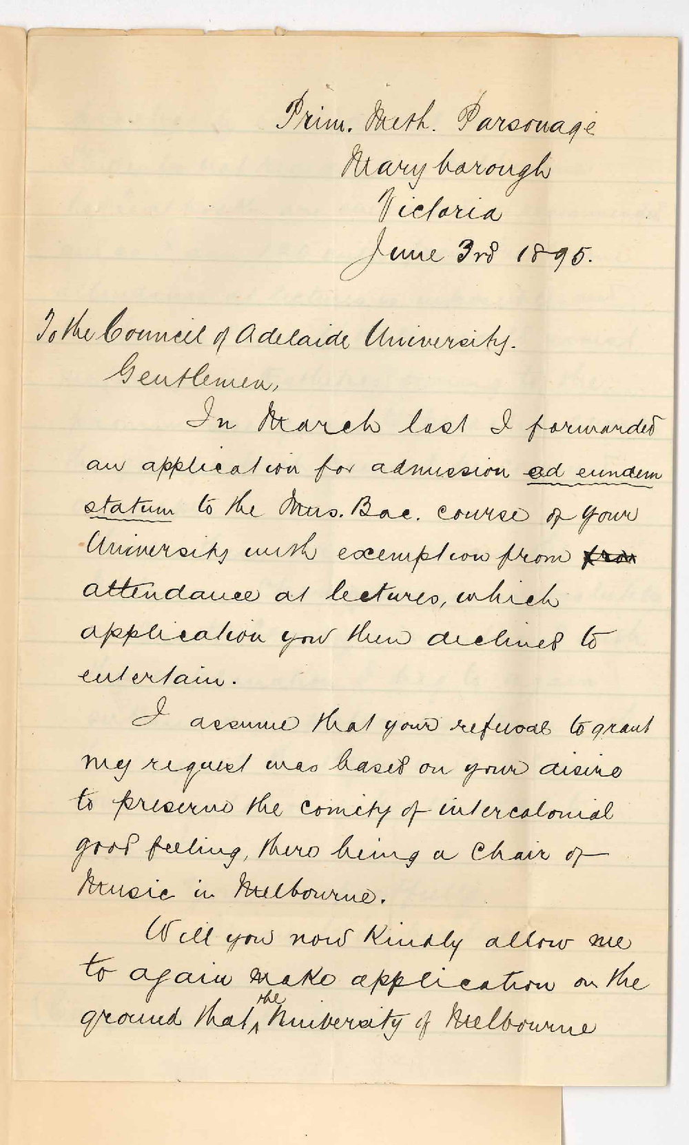 Reverend Brian Wibberley - Maryborough Victoria - Renewing application for admission ad eundem statum Mus Bac Course