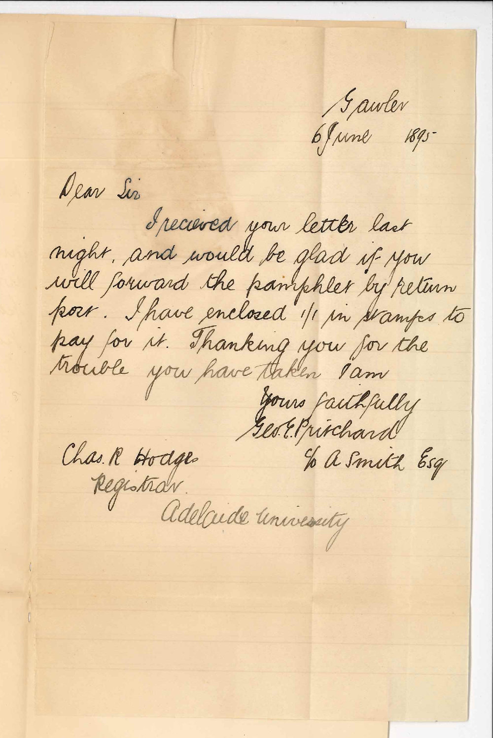 George E Pritchard - c/o A Smith Gawler - Requesting pamphlet Junior Senior and Preliminary