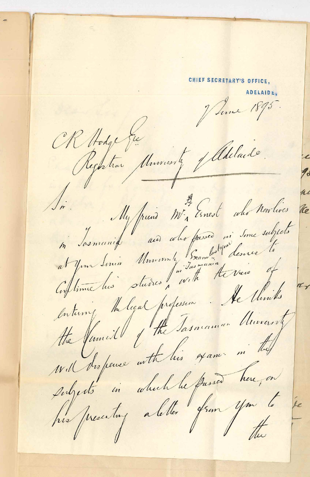 J H Gordon - Chief Secretary Adelaide - Mr F J Ernest passing Senior Public November 1894