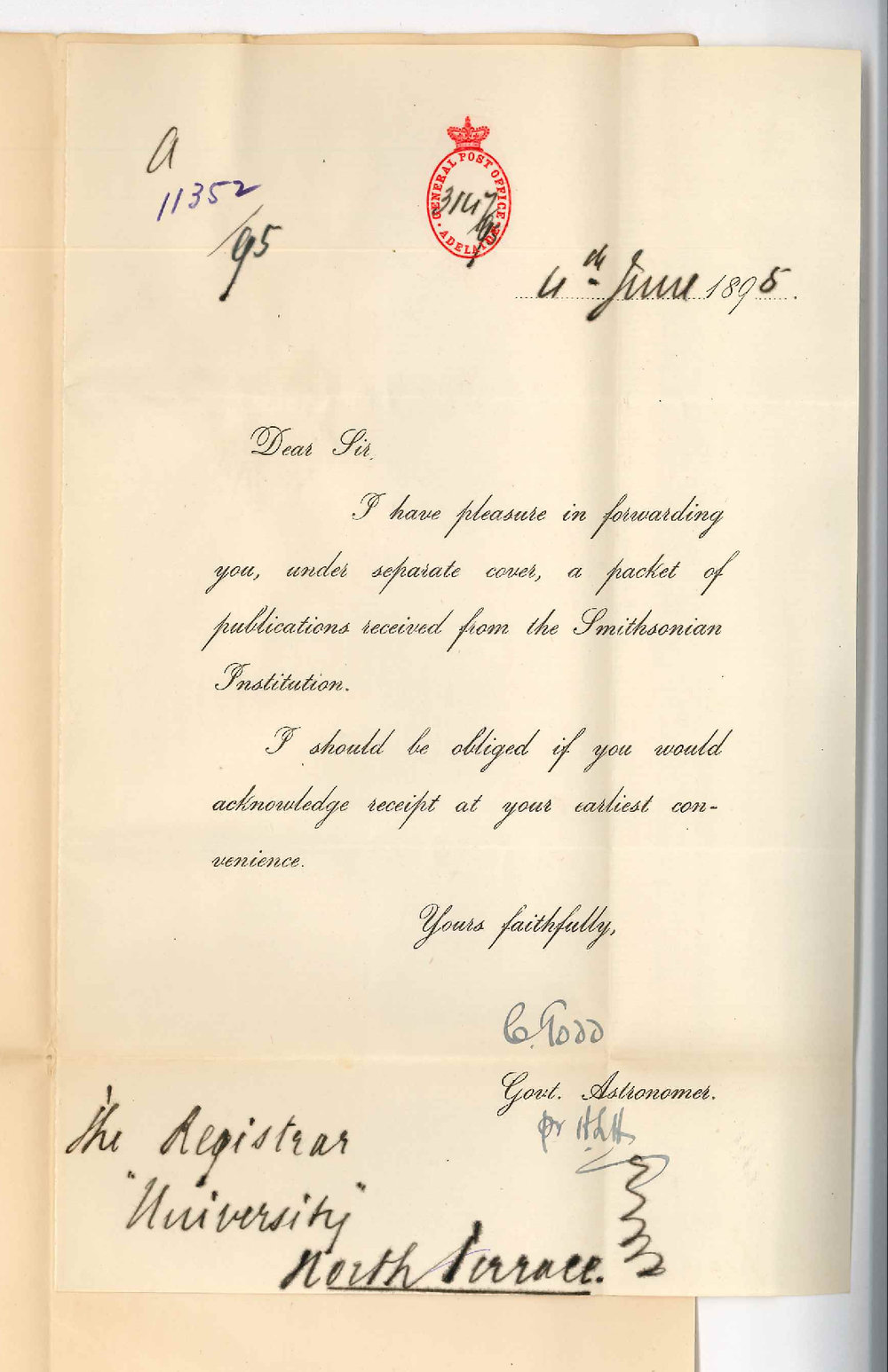 Sir Charles Todd - Government Astronomer Adelaide - Forwarding Annual reports from Smithsonian Institution