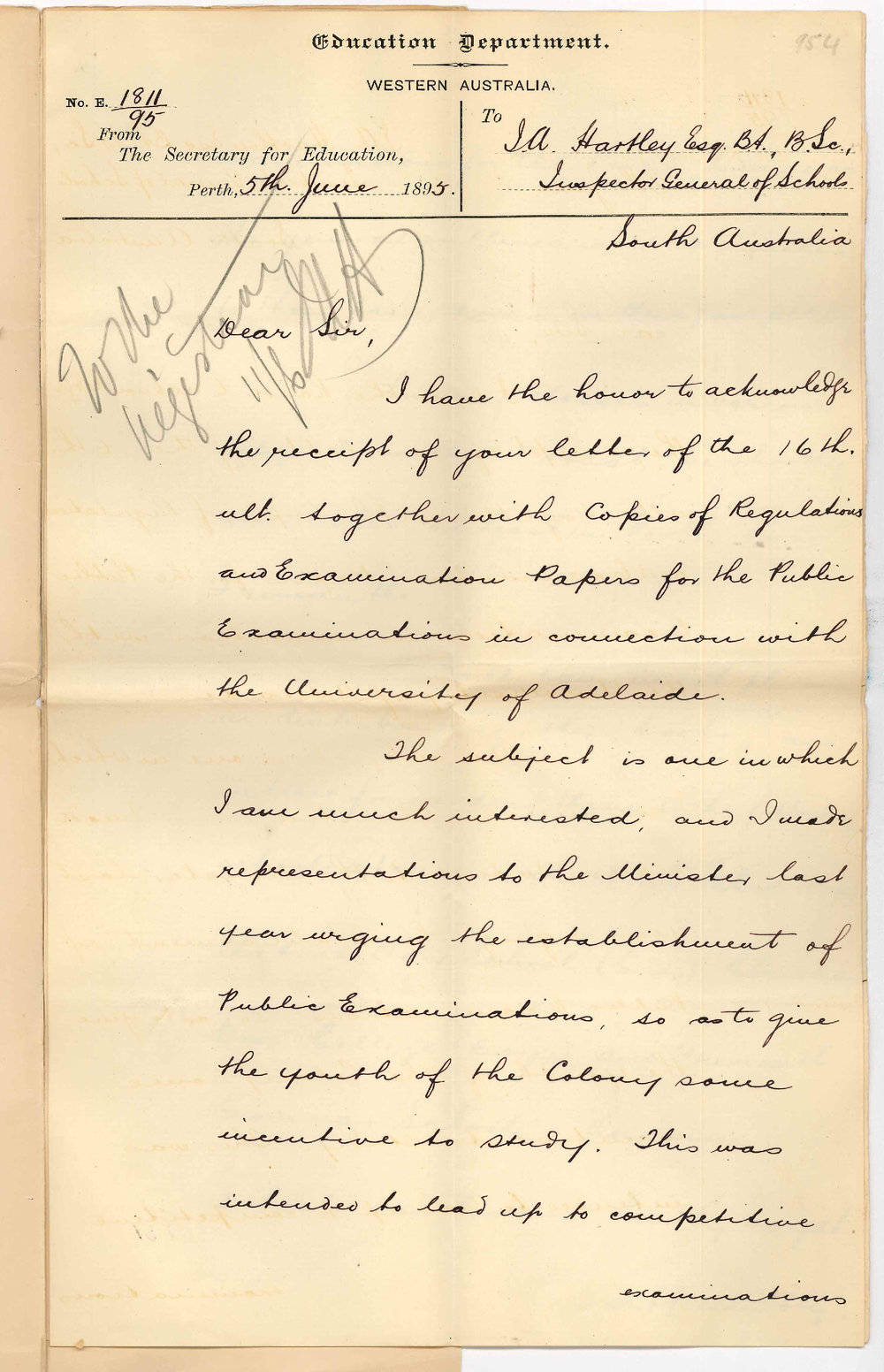 P P Staples - Secretary for Education Perth WA - Public Examinations in Perth