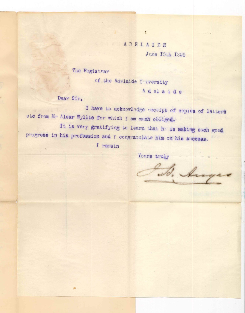 Hon John Howard Angas - Received copies of letters from Mr Alexander Wyllie