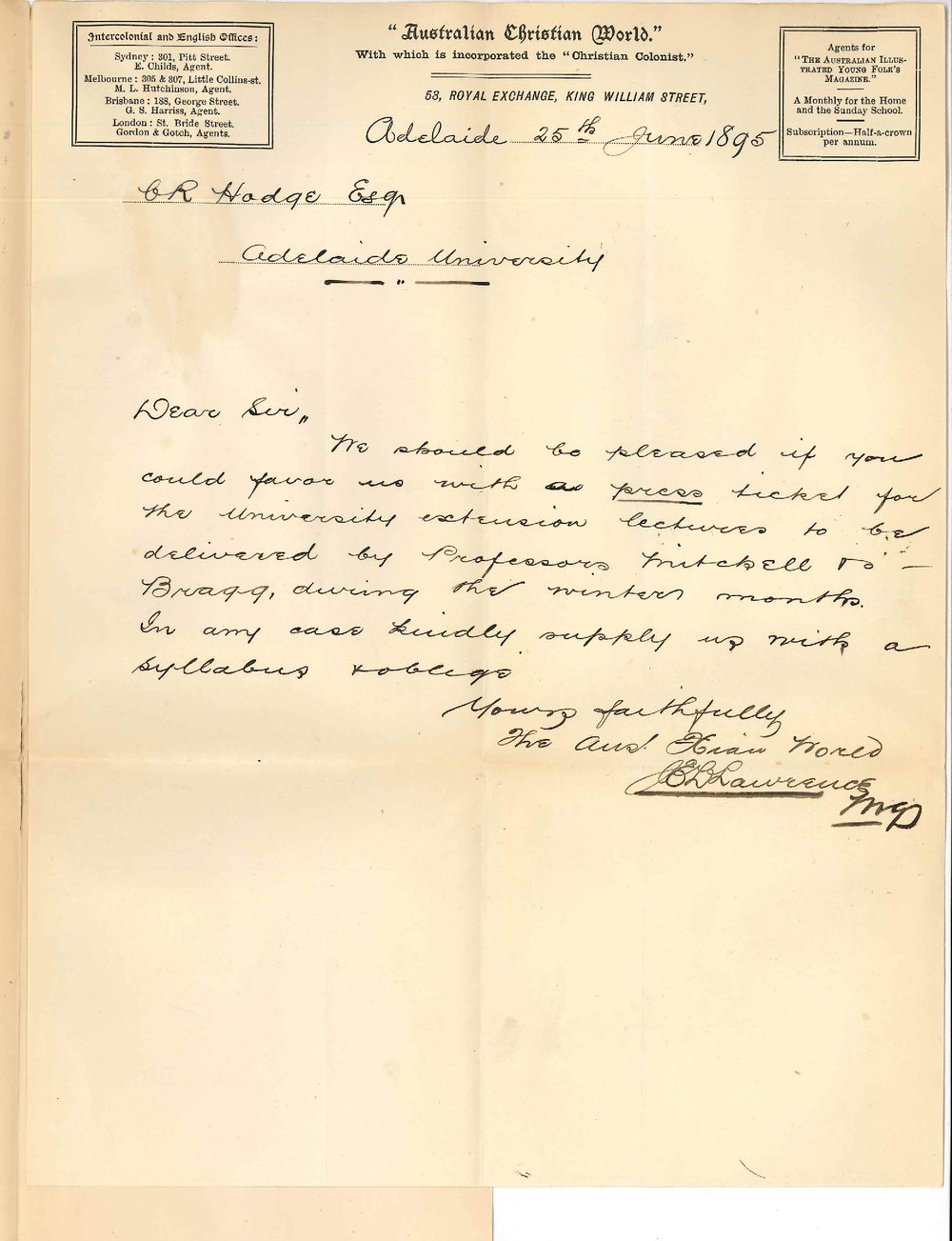 J E Lawrence - The Manager - Australian Christian World King William Street Adelaide - Asking for Press ticket for extension lectures