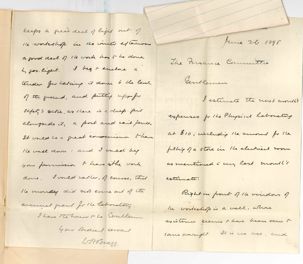 Professor William Henry Bragg - Expenses for July &pound;10 re altering wall opposite windows of workshop