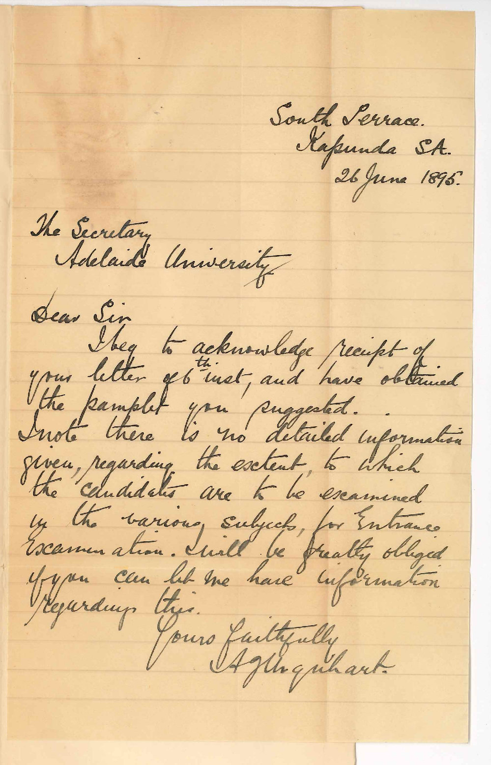 A J Urquhart - South Terrace Kapunda - Entrance Examination MB Course