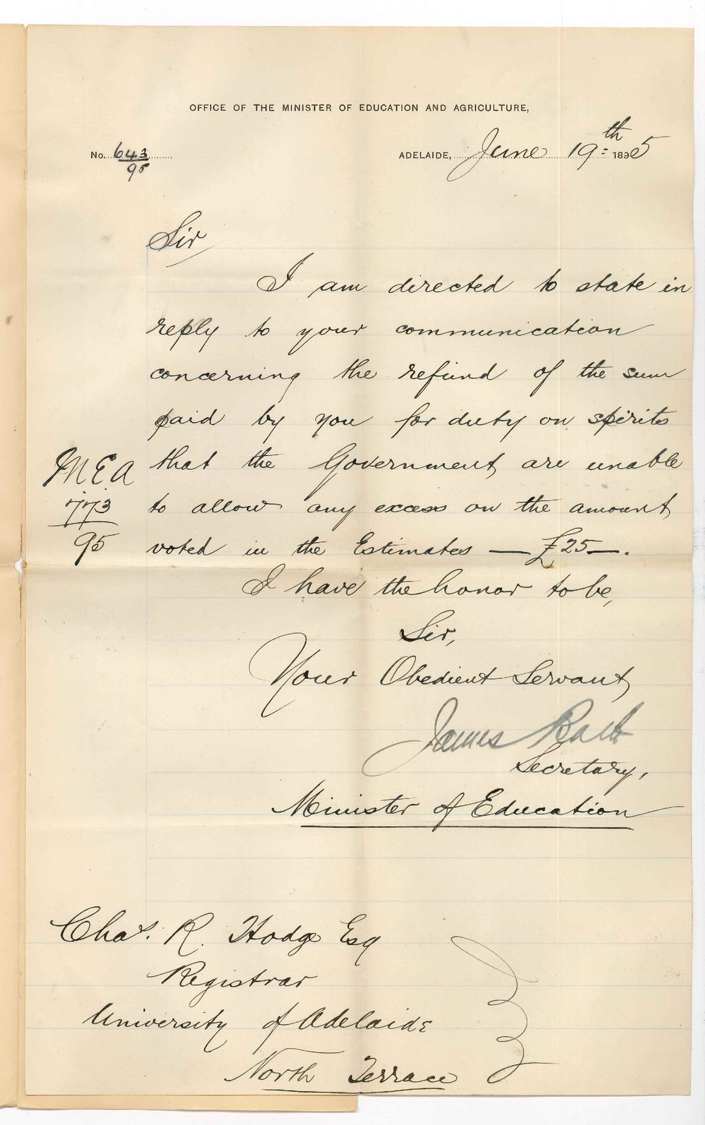 James Bath - Secretary - Minister of Education - Adelaide - Duty on Spirits not to exceed &pound;25