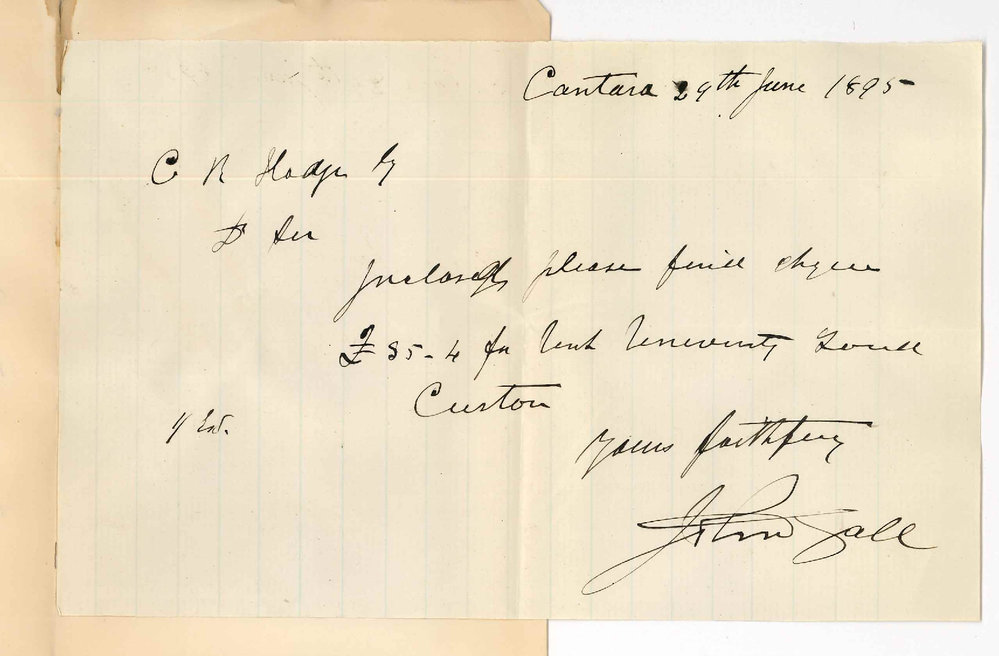 John Gall - Cantara South East - Payment rent due 1-6-1895