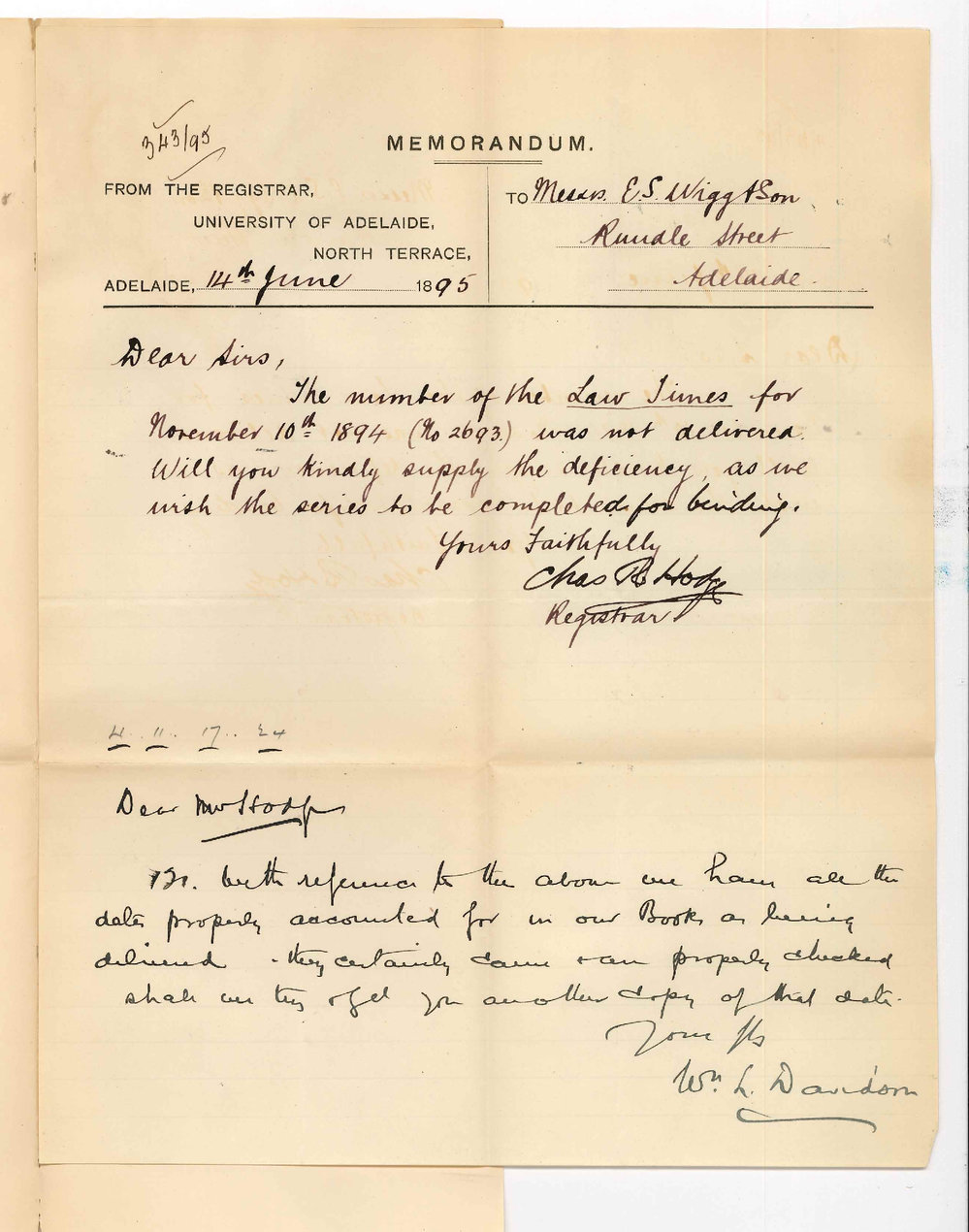 William L Davidson - E S Wigg and Son - Rundle Street Adelaide - Missing number of the Law Times