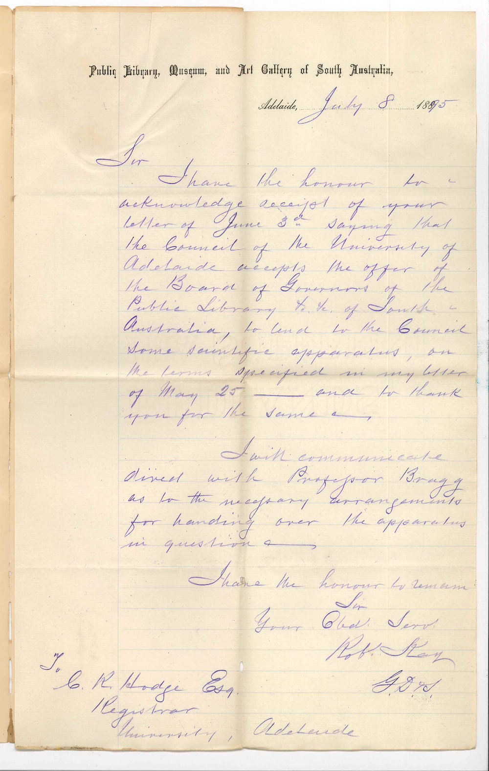 Robert Kay - General Director of Public Library Museum and Art Gallery - Received letter June 3rd re Physical Apparatus