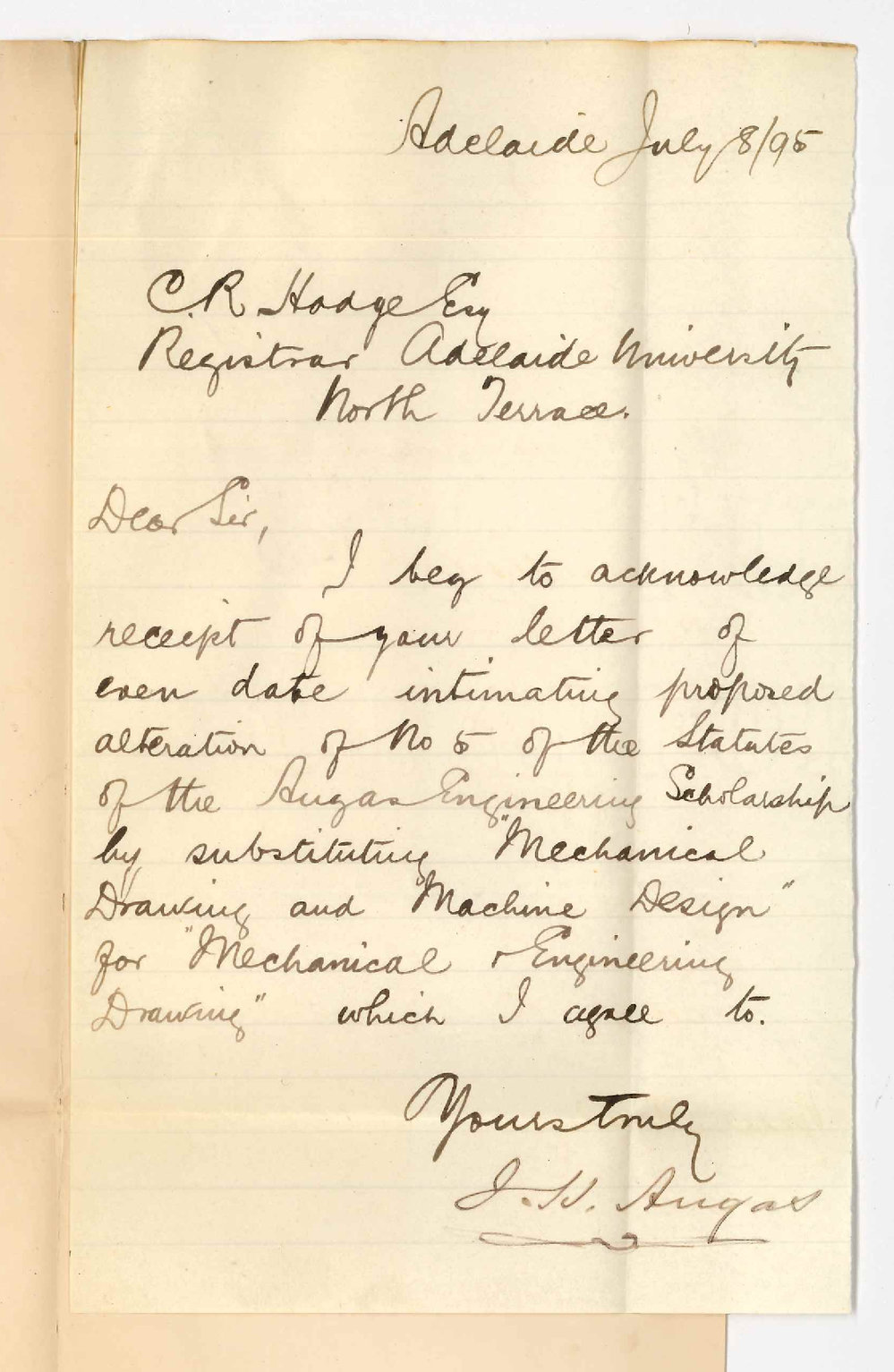 John Howard Angas - Currie Street Adelaide - Approves of alteration in No. 5 of Angas Scholarship regulations