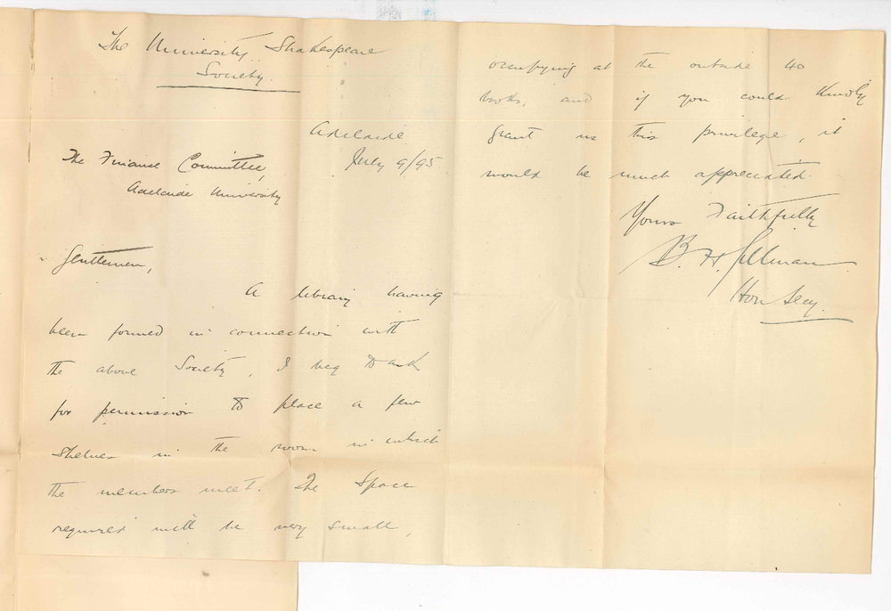 B H Gillman - Hon Secretary University Shakespeare Society - Asking permission to place bookshelves in Music room
