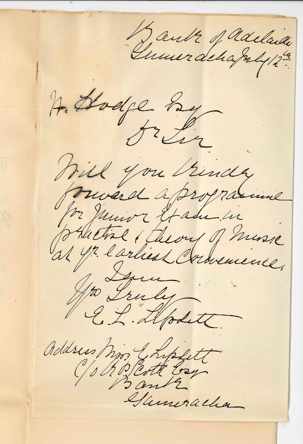 Miss E L Lipsett - c/o K P Scott Esq Bank of Adelaide Gumeracha - Information re Junior Music Exams