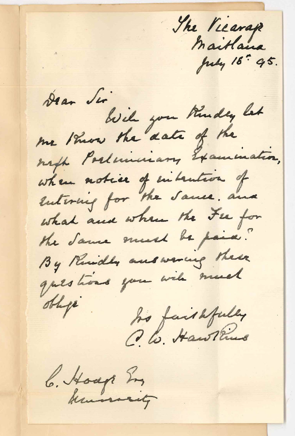 Reverend C W Hawkins - The Vicarage Maitland - Asking for information re Preliminary Exam