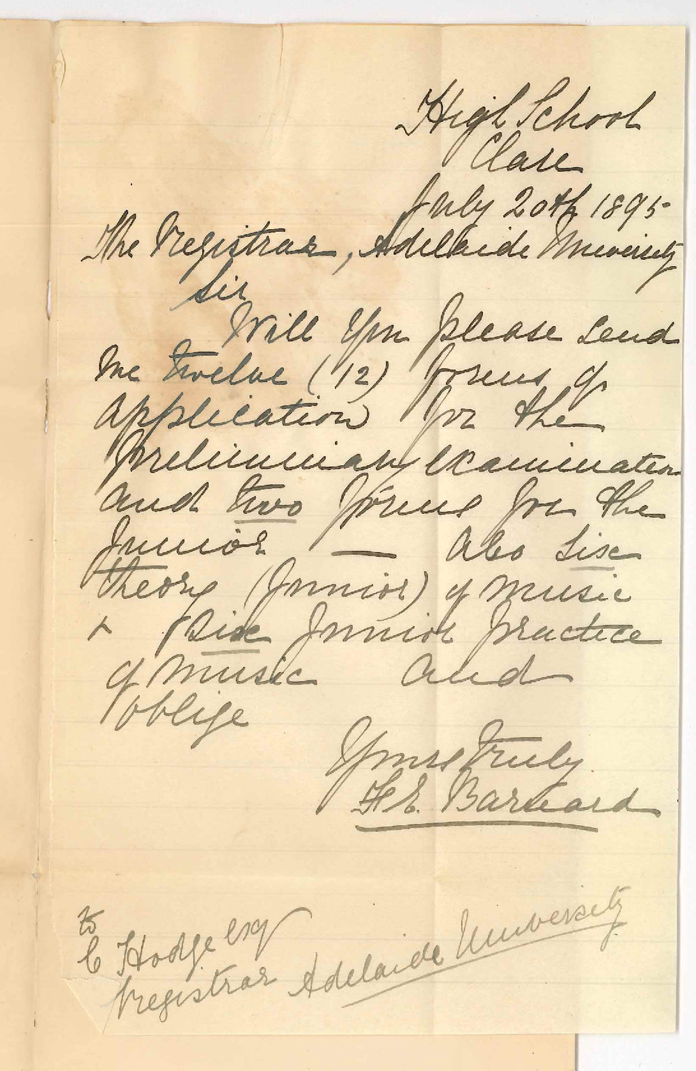 Mrs F E Barnard - High School Clare - Asking for entry forms for various exams