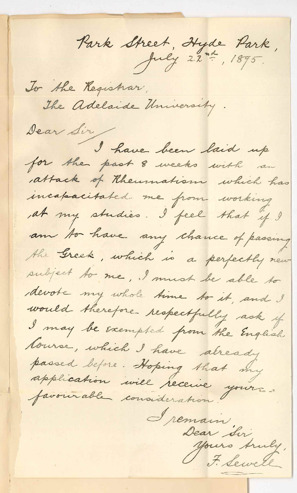 Frank Sewell - Park Street Hyde Park - Asking permission to withdraw from English 1st Year BA
