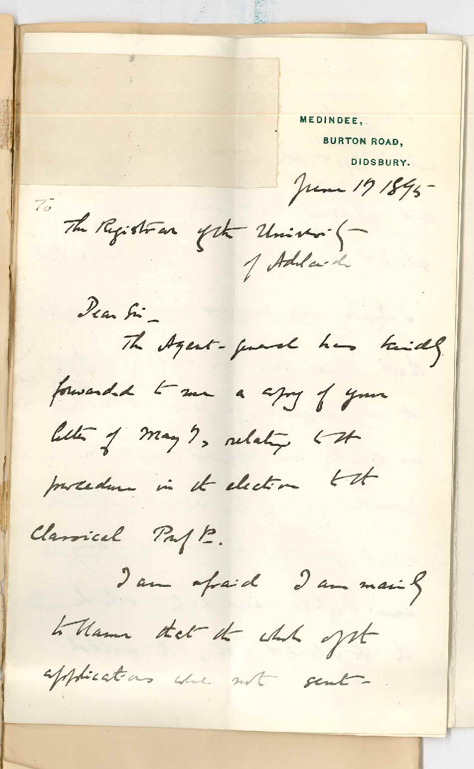 Professor Horace Lamb - Medindee Burton Road Didsbury England - Appointment of Professor Edward von Blomberg Bensley