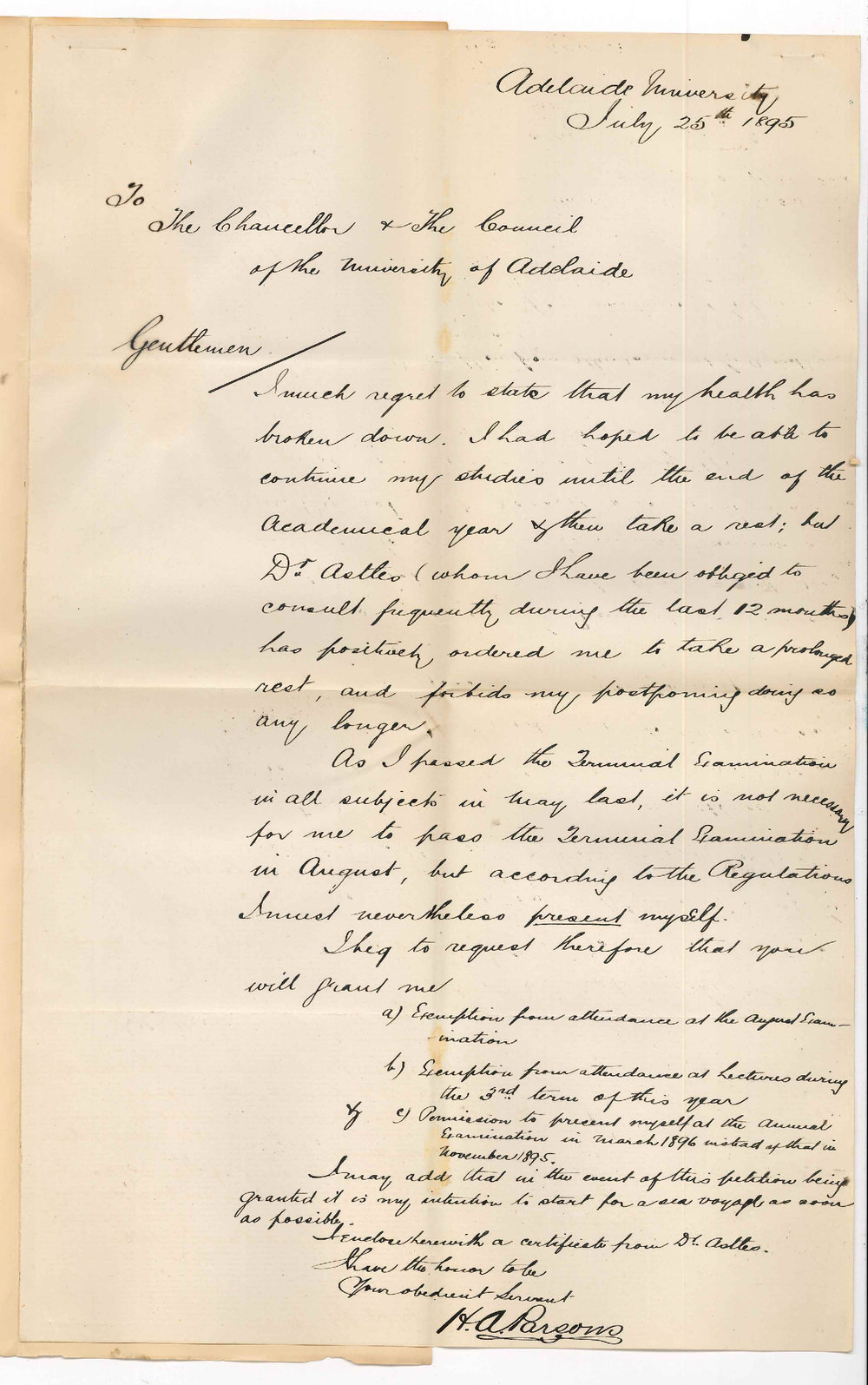 H A Parsons - The University - Asking for exemption from certain lectures on account illness