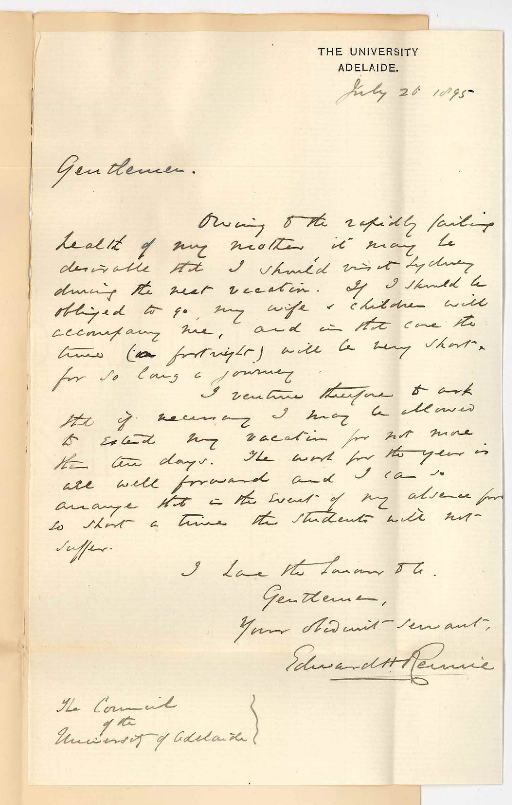 Professor Edward Henry Rennie - The University - Extending next vacation 10 days visit to Sydney