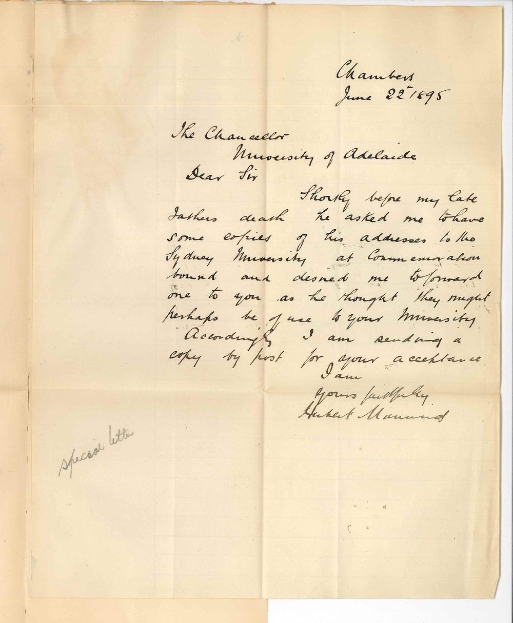 Hubert Manning - Judge - Sydney - To the Chancellor - Presenting copy of Sydney University Commemoration addresses