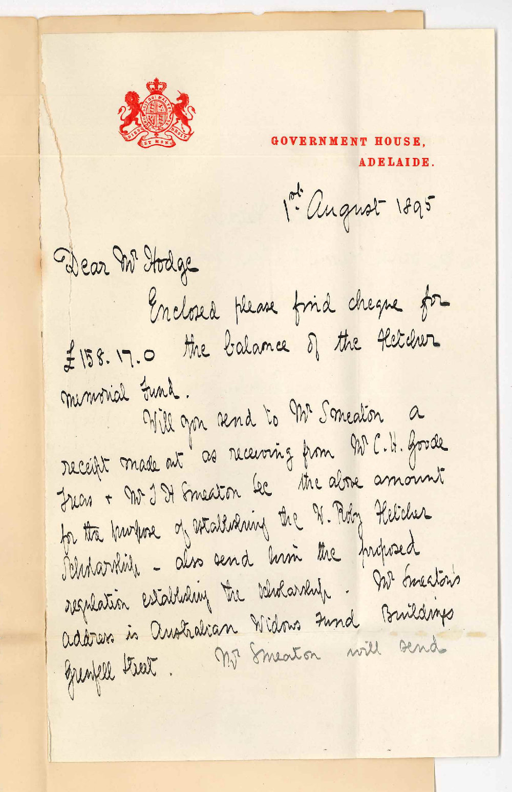 Harry Braithwaite Taylor - Government House Adelaide - Forwarding subscriptions for Roby Fletcher Scholarship