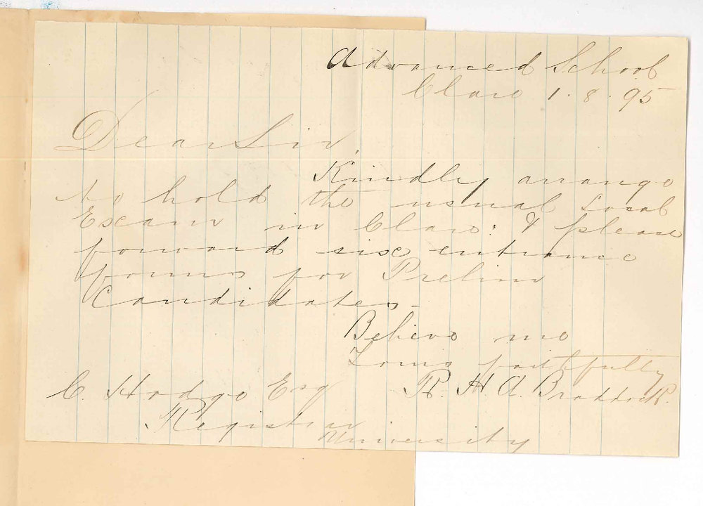 R H A Braddock - Advanced School Clare - Preliminary Exam at Clare September 1895