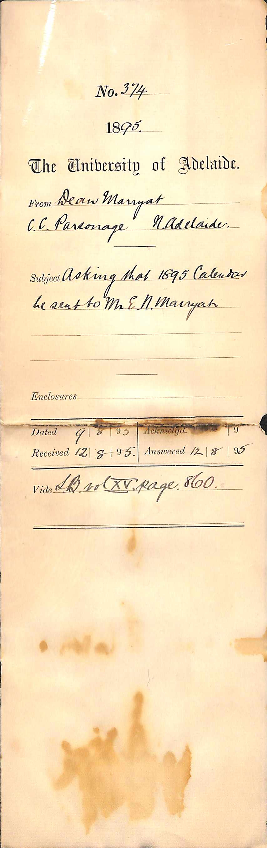 Dean Marryat - C C Parsonage North Adelaide - Asking that 1895 Calendar be sent to E Marryat