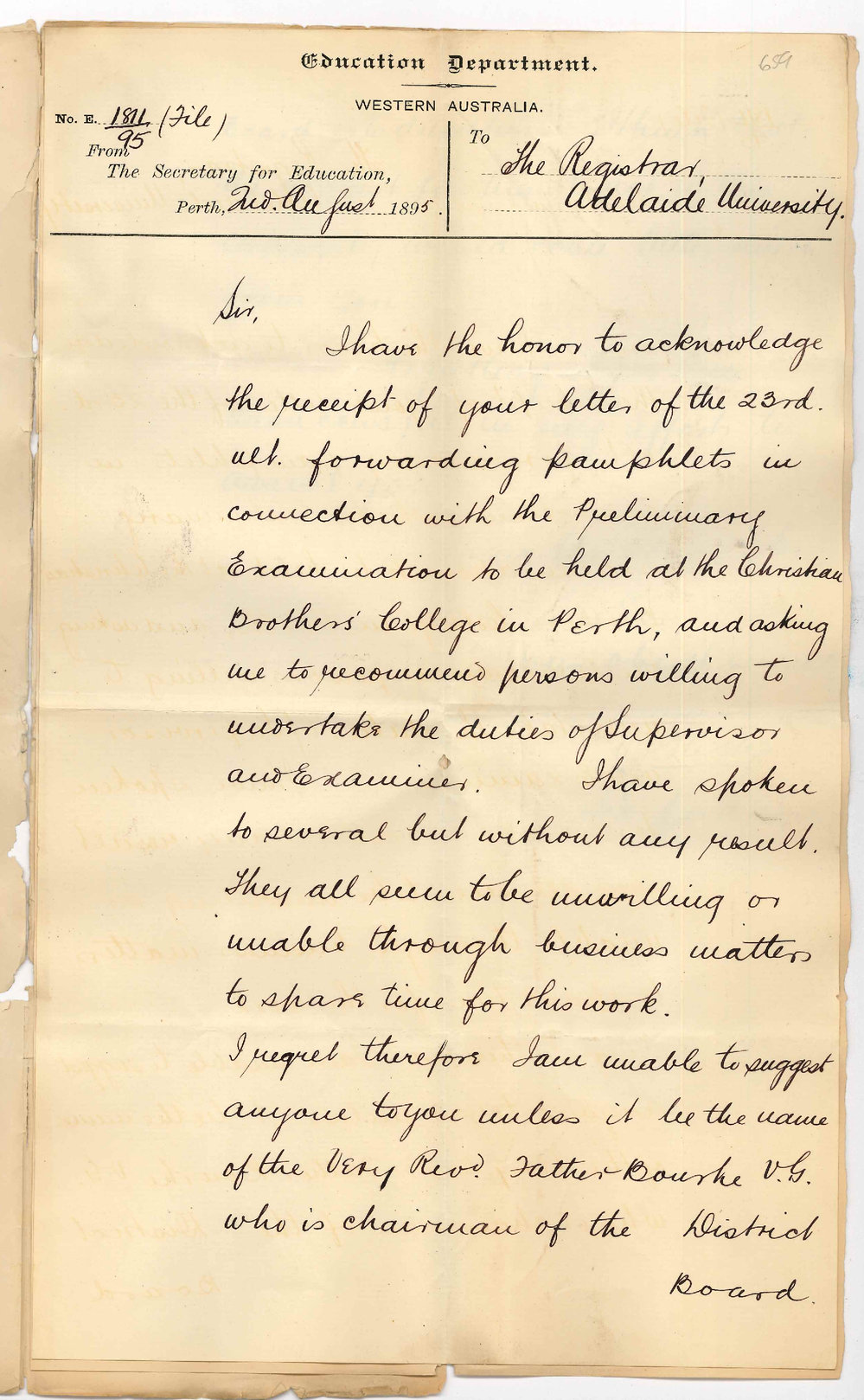 O P Stables - Secretary for Education - Perth WA -Supervisors at Preliminary Exam in Perth