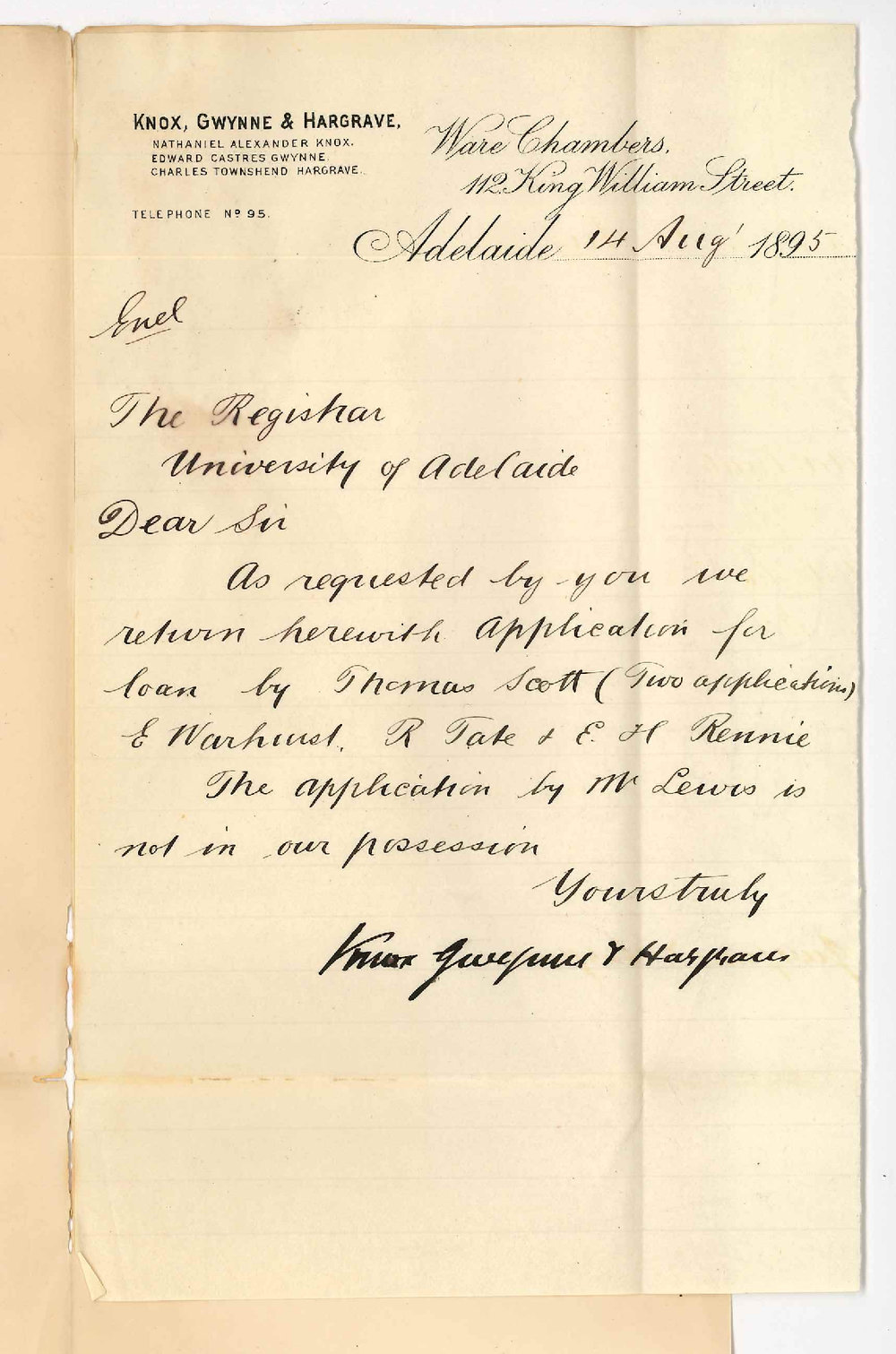 Knox Gwynne and Hargrave - King William Street Adelaide - Herewith certain application for loan