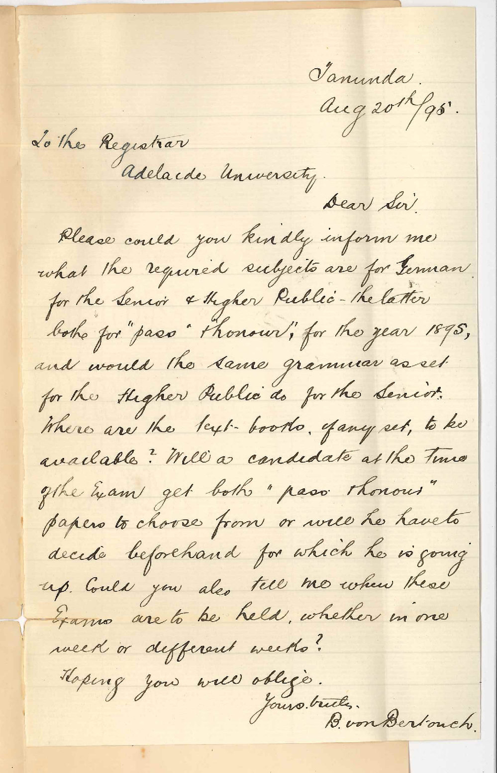 B von Bertonch - Tanunda - Enquiring re German in Public Exams