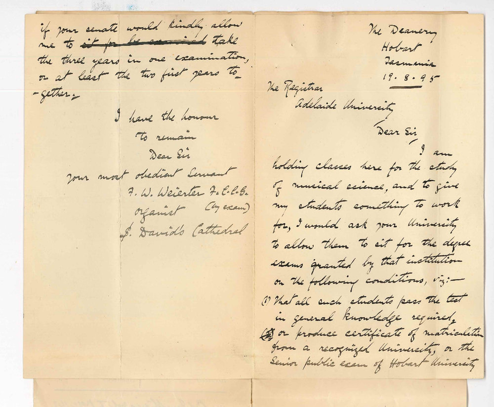 F W Weierter - The Deanery Hobart Tasmania - Local Mus Bac Exams at Hobart