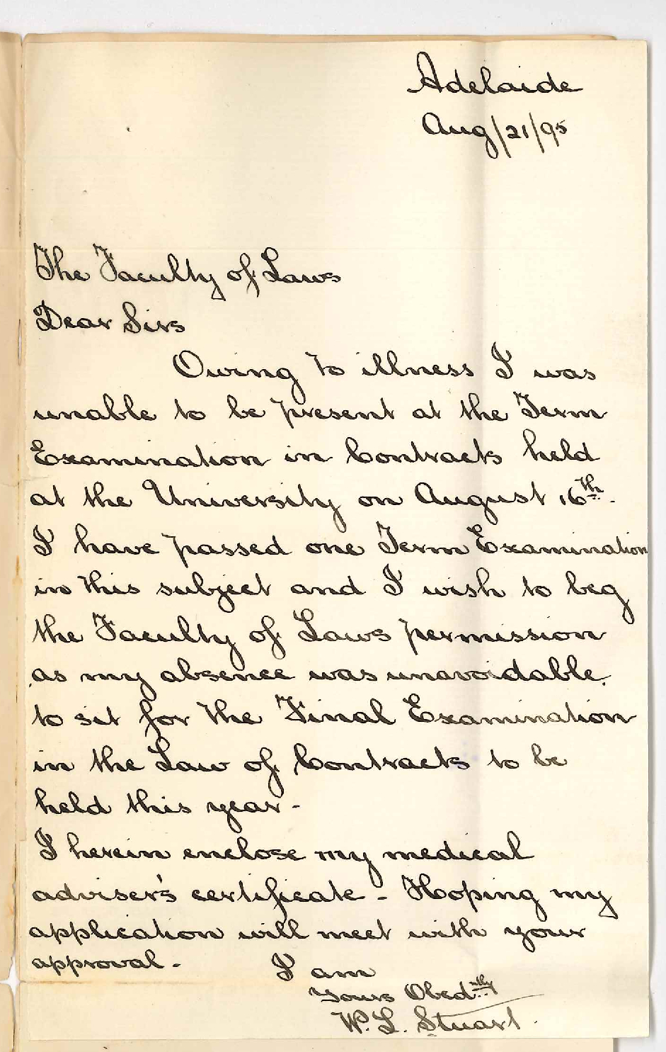 W L Stuart - Frederick W Ellison - Adelaide - Exemption from term exams in Contracts