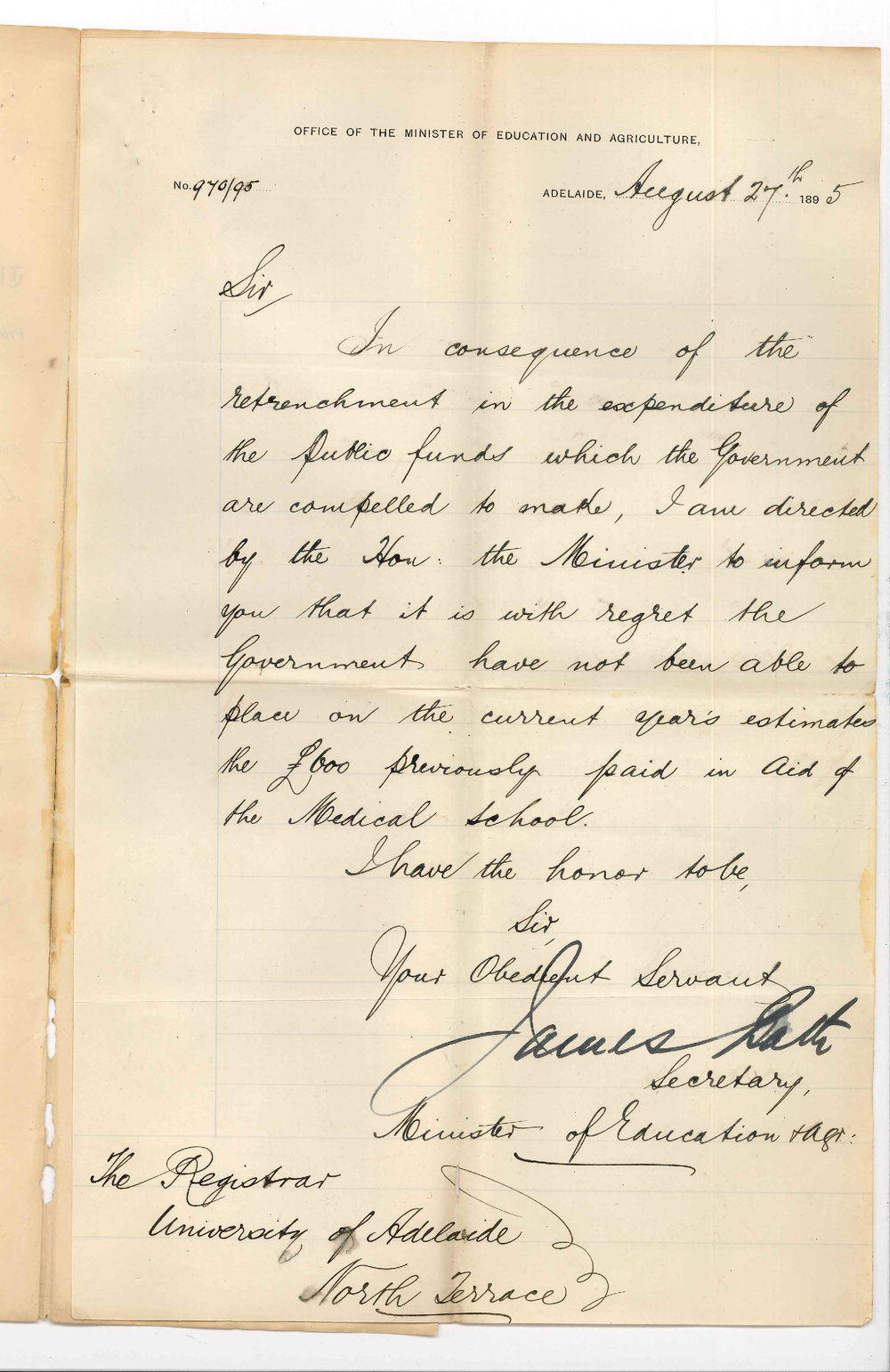 James Bath - Secretary - Minister of Education - Stopping annual grant &pound;600 to Medical School