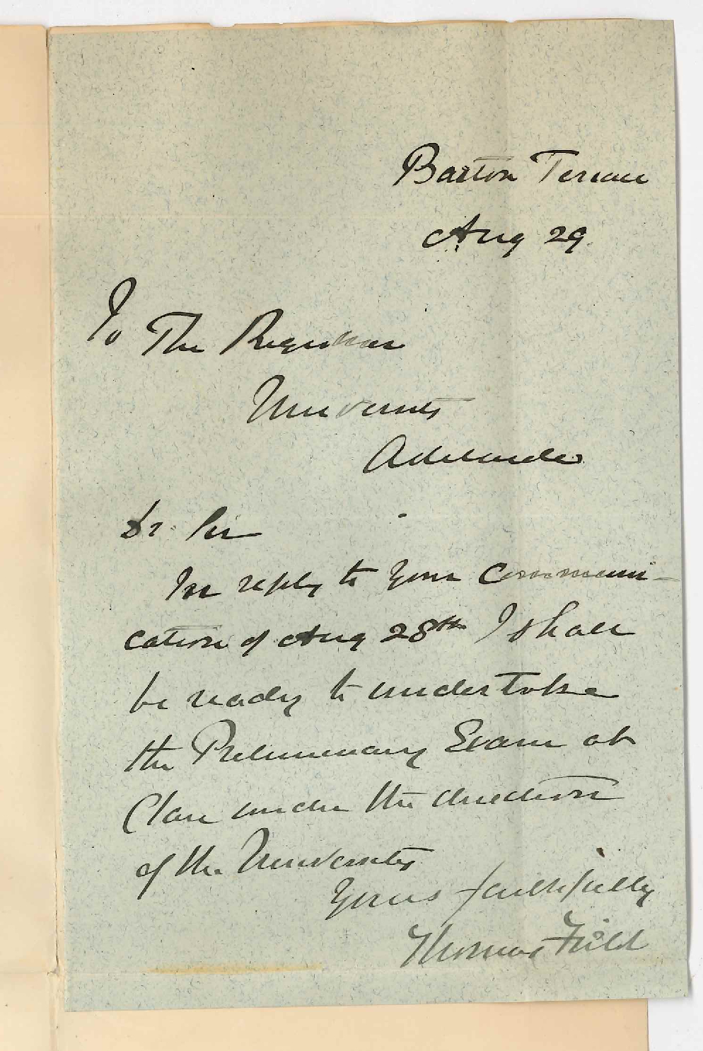 Reverend Thomas Field - Barton Terrace Adelaide - Will undertake Preliminary Exam at Clare