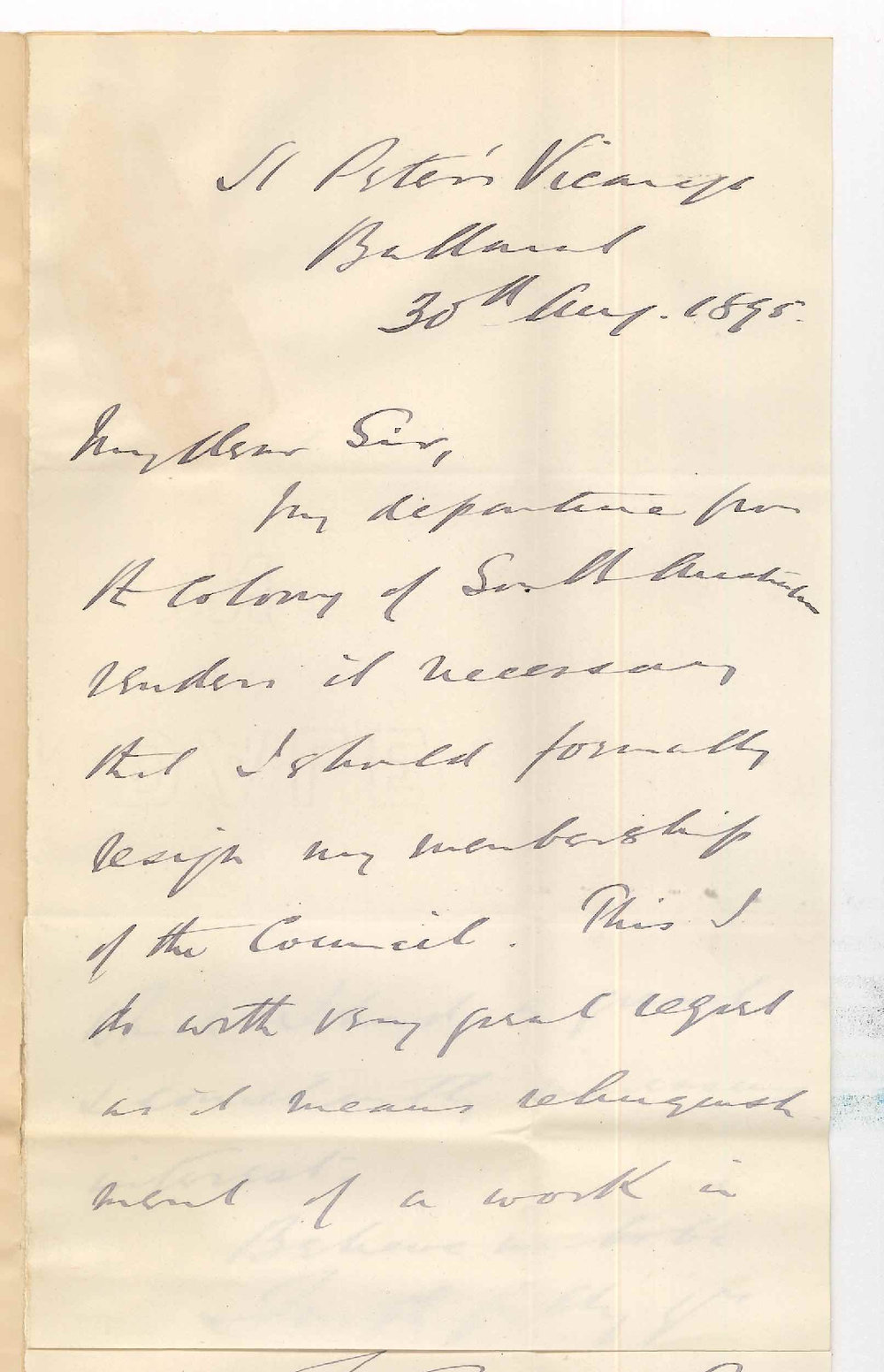 Reverend F S Poole - St Peters Vicarage Ballarat - Resigning seat on Council