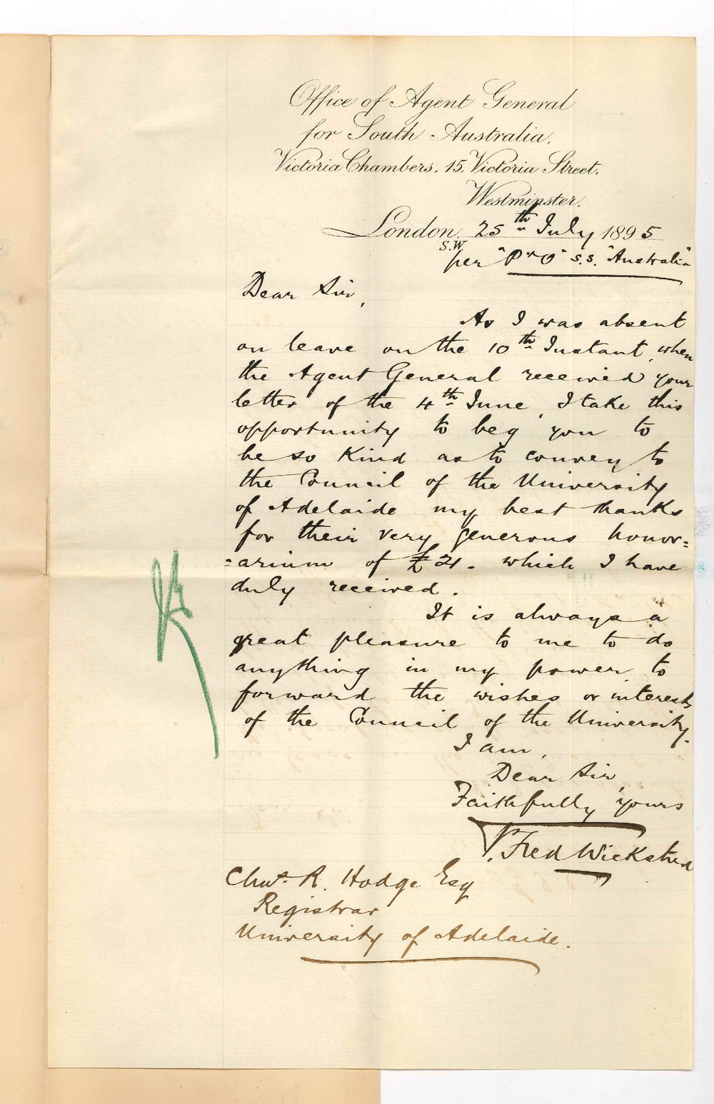 Frederick Wickstead - Office of the Agent General for SA London - Acknowledging receipt of honorarium &pound;21
