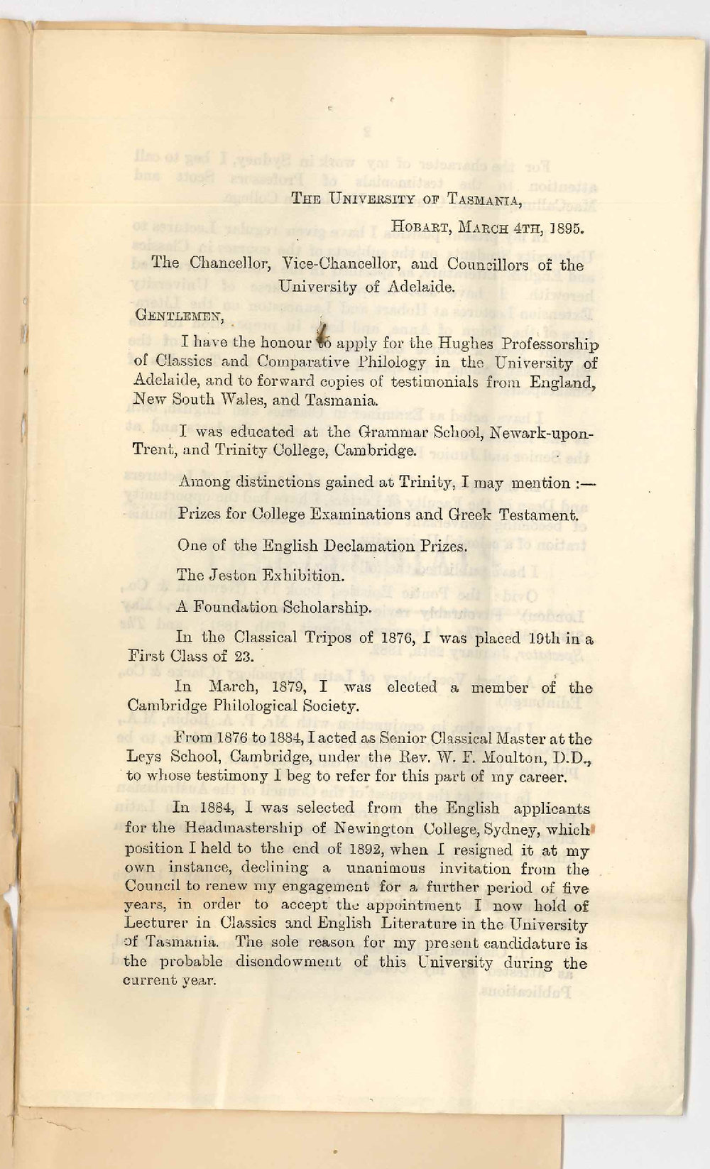 W H Williams MA - University of Tasmania - Hobart - Application for Hughes Professorship of Classics