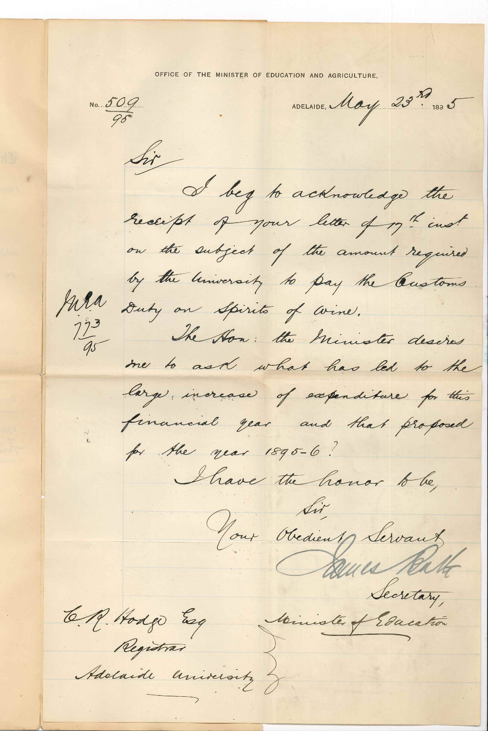 James Bath - Secretary - Office of the Minister of Agriculture and Education - Adelaide - Regarding payment of customs duty on spirits of wine