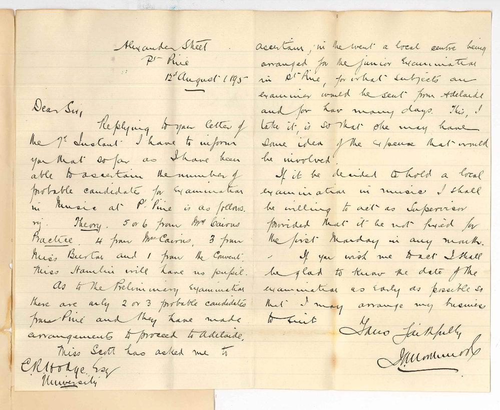 J A Northmore - Alexander Street Port Pirie - Regarding local examinations at Port Pirie