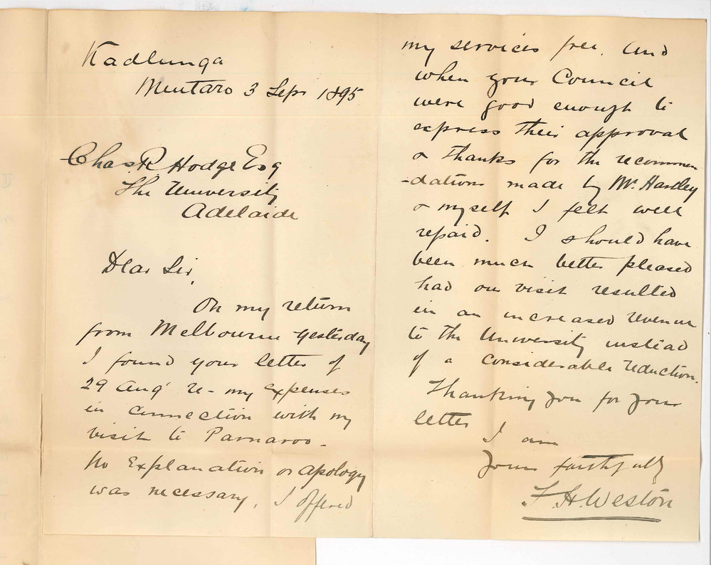 F H Weston - Kadlunga Mintaro - Expenses - Visit to Parnaroo