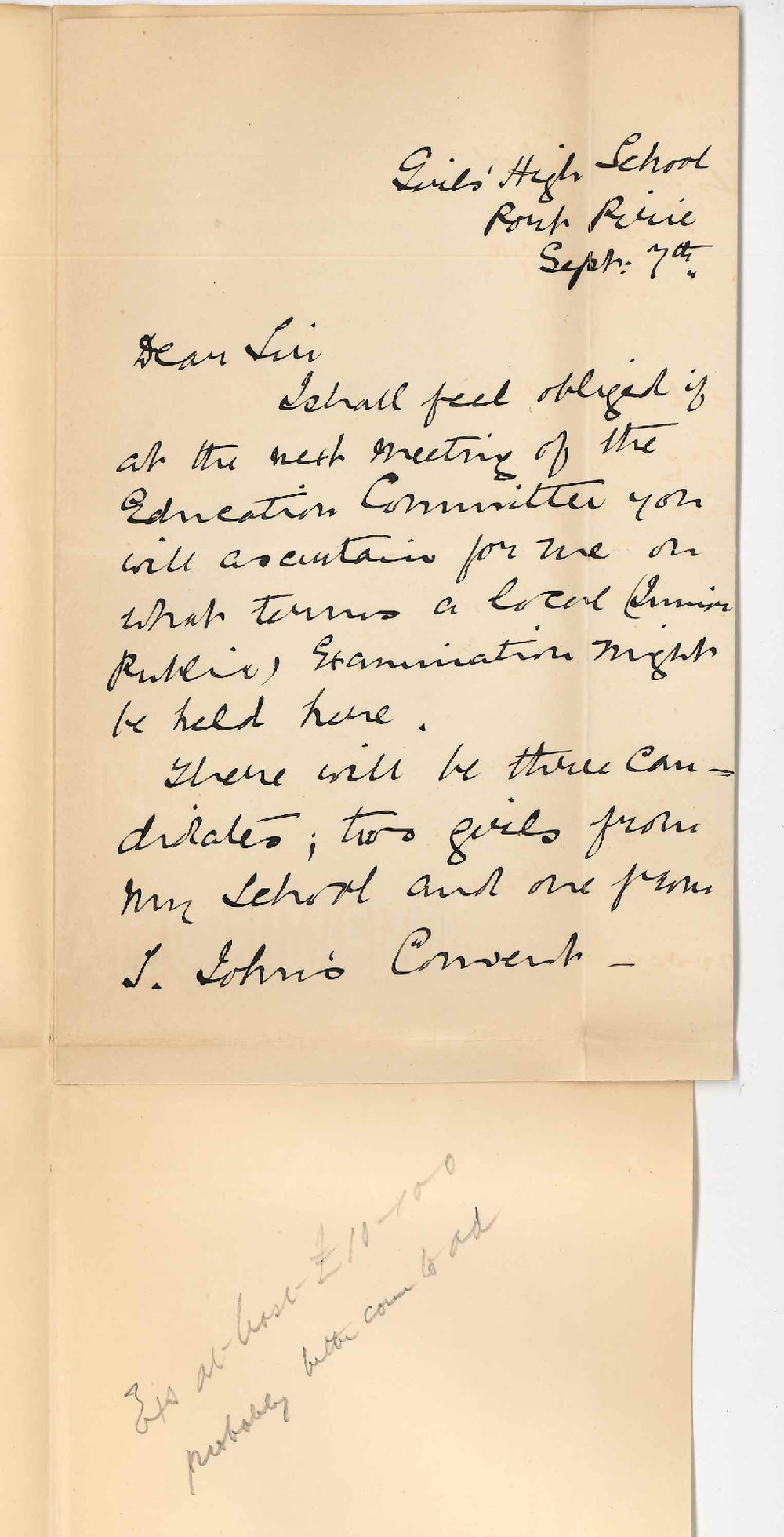 Mrs Bessie Scott - Girls High School Port Pirie - Asking re Junior Public Exam at Port Pirie