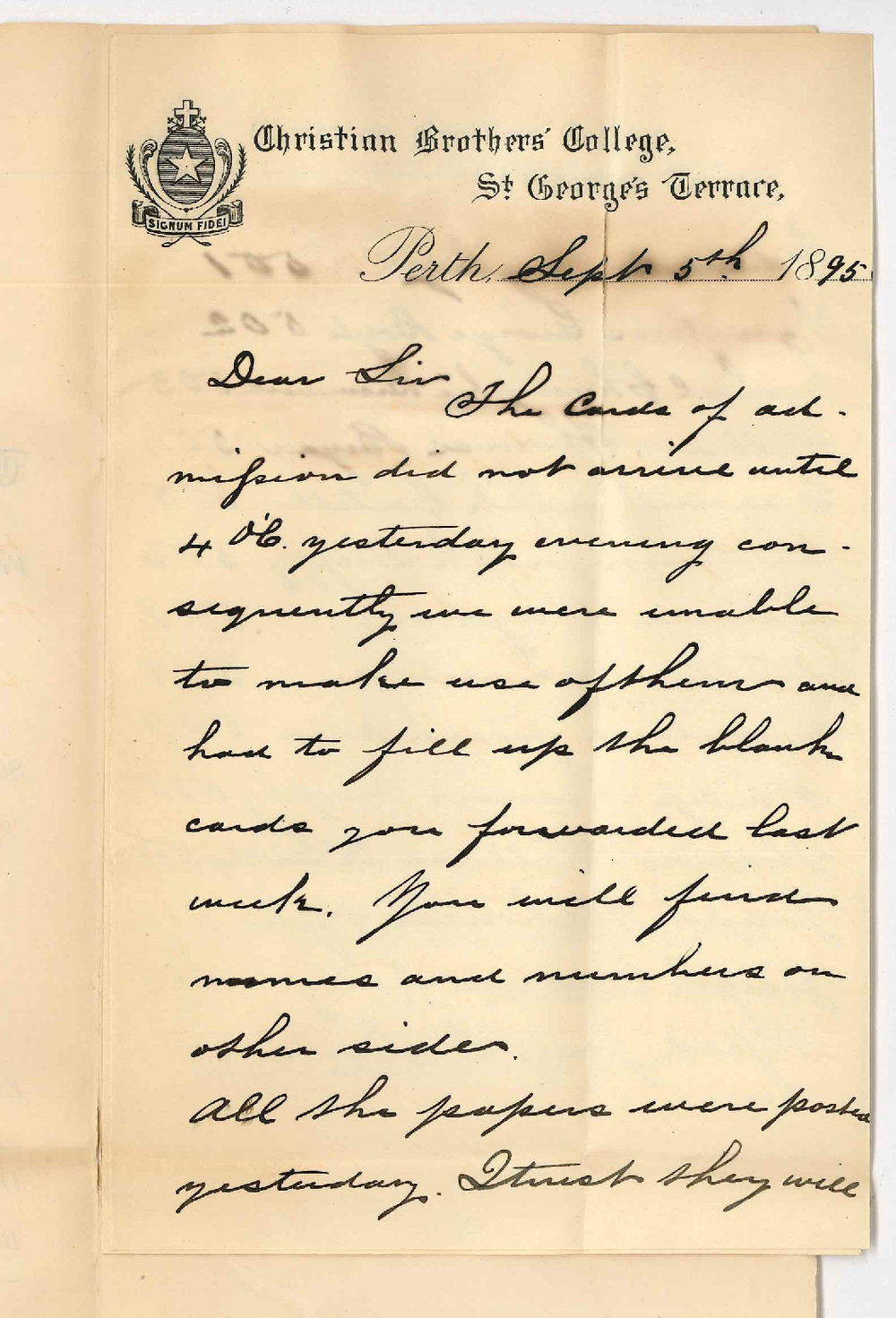 Reverend Thomas A O'Brien - Christian Brothers College Perth WA -Preliminary Exam at Perth
