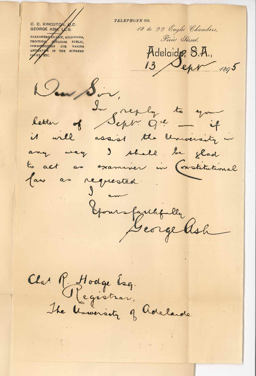 George Ash LLB - Pirie Street Adelaide - Will examine in Constitutional Law November 1895 and March 1896